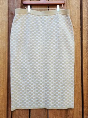 Michael Kors MK Logo Jacquard Knit Pencil Skirt Tan Cream Beige Midi